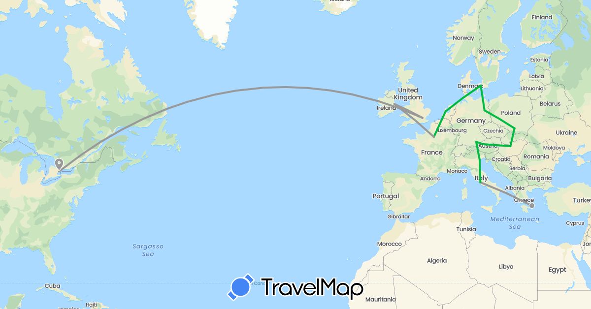 TravelMap itinerary: bus, plane in Austria, Canada, Germany, Denmark, France, United Kingdom, Greece, Hungary, Ireland, Italy, Netherlands, Poland (Europe, North America)